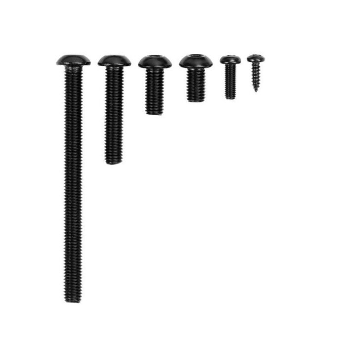 Assorted black screws and bolts of various lengths and sizes displayed in a row.