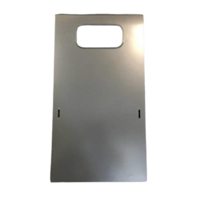 Metallic rectangular panel with a cutout handle and two side slots, suitable for various applications.