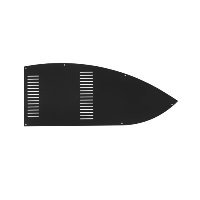 Black metal sheet with a curved edge and vertical slits, designed for industrial or architectural applications.