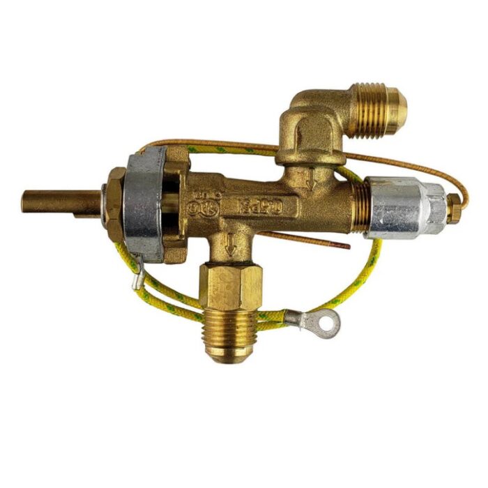 Brass gas control valve with multiple connections for efficient gas flow regulation and safety features.