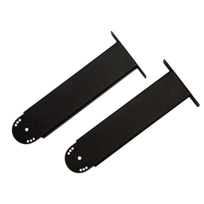Black metal mounting brackets designed for secure installation, featuring a sleek design and pre-drilled holes for easy attachment.
