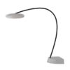 Modern desk lamp with a sleek gray base and flexible black arm, featuring a circular light head for adjustable illumination.