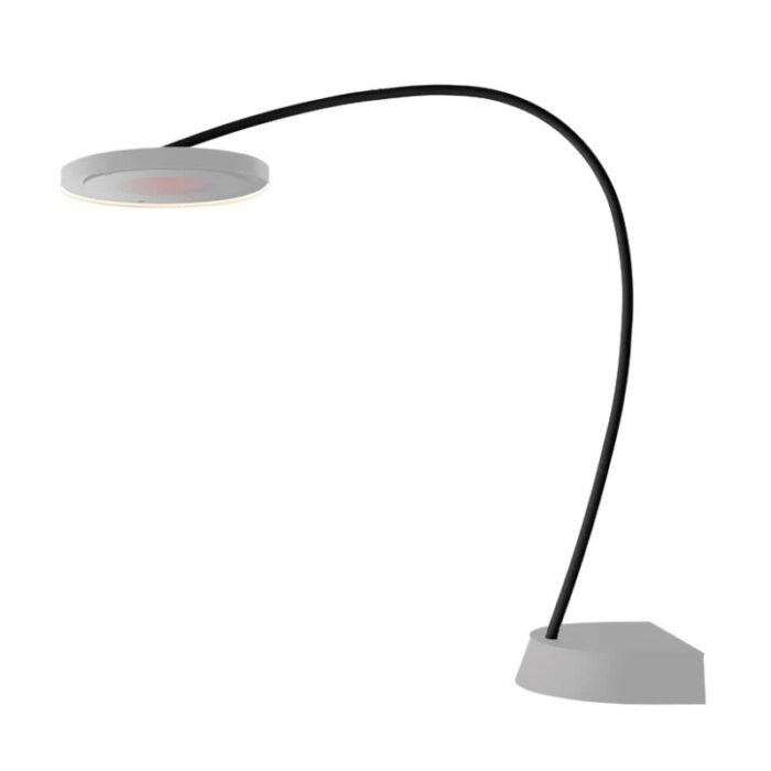 Modern desk lamp with a sleek gray base and flexible black arm, featuring a circular light head for adjustable illumination.