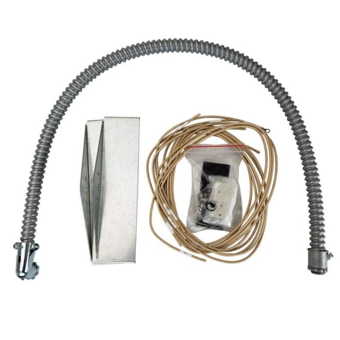 Electrical conduit kit including flexible metal conduit, metal straps, wiring, and electrical box components for installation.