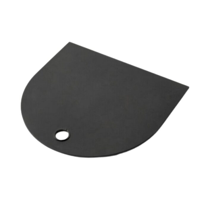 Black plastic paint scraper with a rounded edge and a hole for hanging, ideal for smooth surface applications.