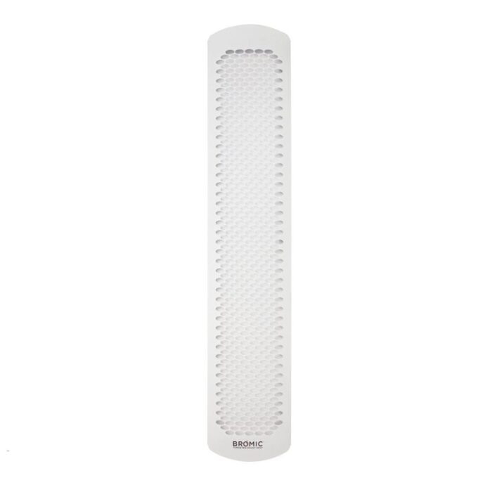 Bromic white outdoor infrared heater with a sleek, elongated design and a honeycomb pattern for efficient heat distribution.