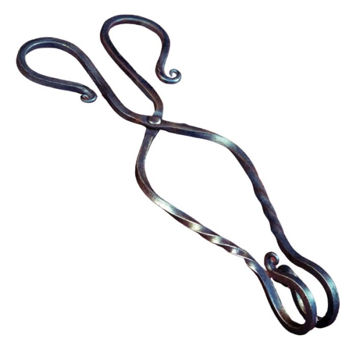 Handcrafted metal tongs with twisted design and decorative curled ends, ideal for cooking or serving.