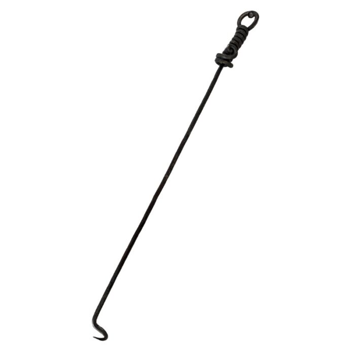 Black steel hook tool with a twisted handle and a sharp curved end, designed for lifting or pulling objects in various applications.