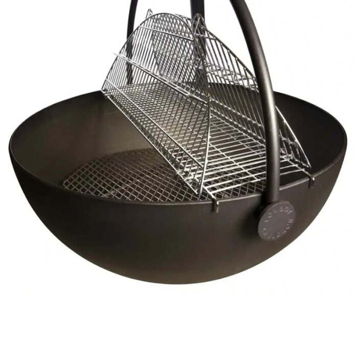 Black cast iron bowl with a removable stainless steel grill rack designed for grilling and cooking outdoors.