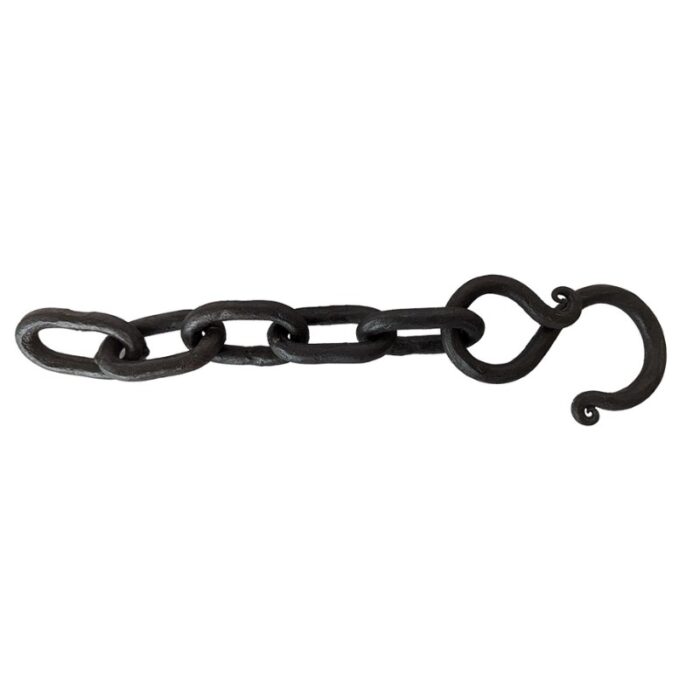 Black metal chain link with a hook, designed for heavy-duty use in securing items or machinery.