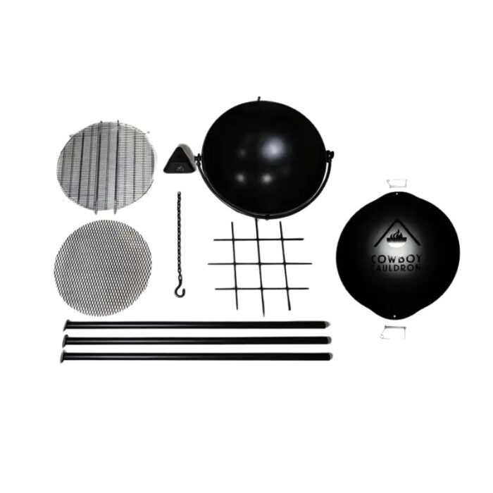 Portable outdoor cooking set featuring a spherical cooking pot, grilling grates, hanging hook, and support rods for a campfire setup. Ideal for outdoor gatherings and cooking enthusiasts.