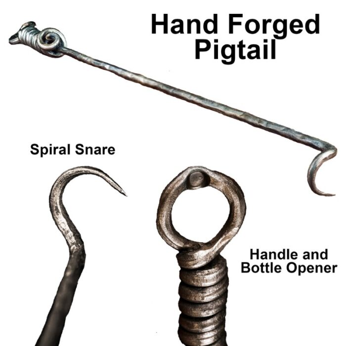 Hand forged pigtail tool showcasing a spiral snare hook and a handle with bottle opener function, highlighting its unique craftsmanship and versatile design.