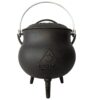 Black cast iron cauldron with a handle and three legs, featuring the logo of Cowboy Cauldron Co.