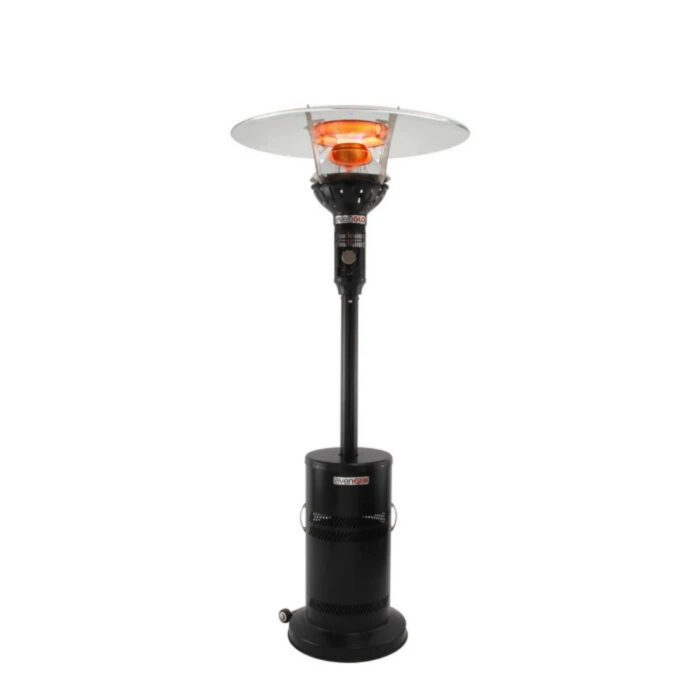 Black outdoor propane patio heater with a reflective top and adjustable heat settings, ideal for heating outdoor spaces.