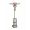 Stainless steel patio heater with a large reflector and flame burner, ideal for outdoor heating.
