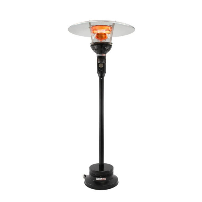 Black outdoor patio heater with a reflective top and an orange heating element, designed for warmth in outdoor settings.
