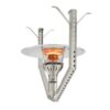 Hanging outdoor patio heater with a stainless steel finish and circular heat shield, providing warmth and ambiance for outdoor spaces.
