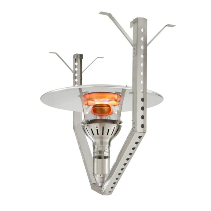 Stainless steel outdoor patio heater with a circular heating element and reflective top for efficient warmth distribution.