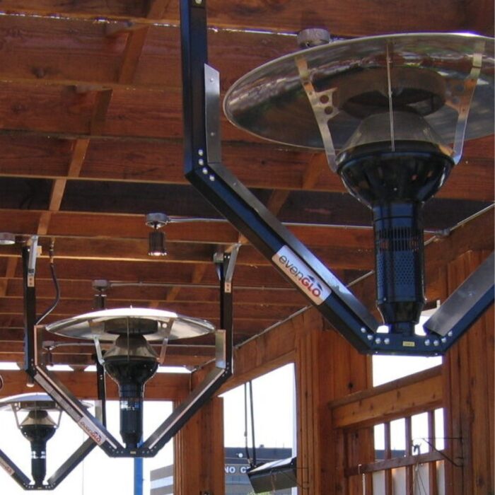 Hanging patio heaters mounted on a wooden ceiling, providing warmth for outdoor spaces.