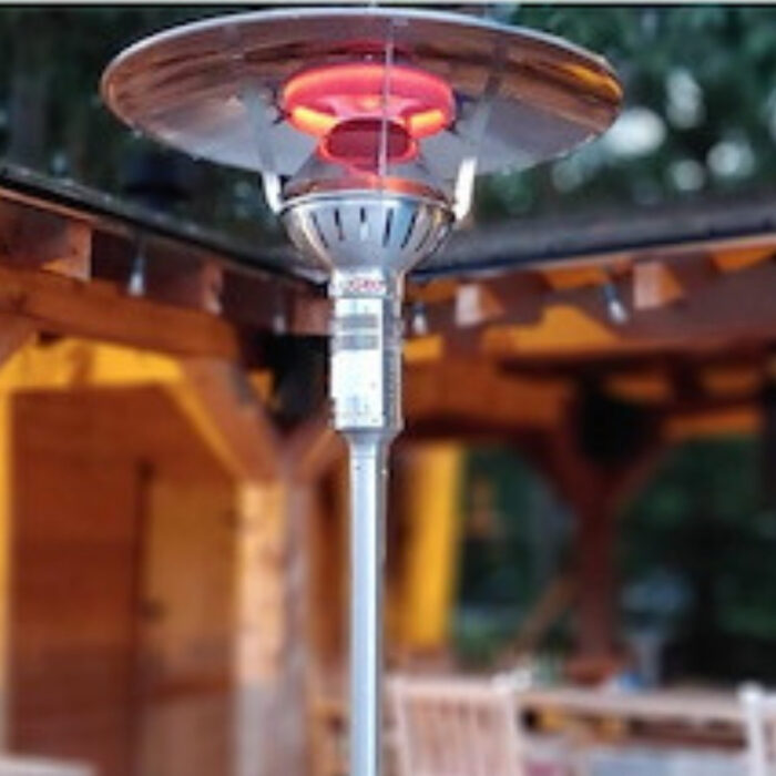 Patio heater with a glowing red flame, providing warmth in an outdoor setting with wooden furniture in the background.