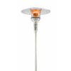 Stainless steel outdoor patio heater with a reflective top and glowing heating element, designed for outdoor use.