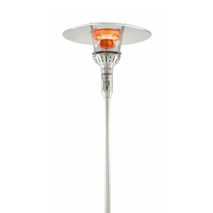 Stainless steel patio heater with an umbrella-shaped top and glowing heating element, designed for outdoor warmth and ambiance.