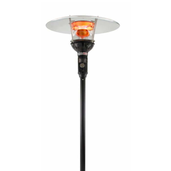 Patio heater with a sleek black pole and a round reflective top, featuring an orange heating element for outdoor warmth.