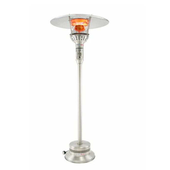 Stainless steel outdoor patio heater with an adjustable flame and large reflector for efficient heating.