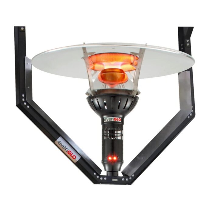 Infrared outdoor patio heater with a sleek design, featuring a circular heating element and a protective metal frame. Ideal for providing warmth in outdoor settings.