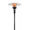Outdoor patio heater with a sleek black pole and a round reflective top, featuring an orange heating element for warmth in outdoor spaces.