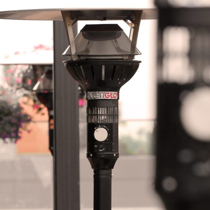 EvenGlo outdoor patio heater with adjustable controls and a reflective top, designed for warmth in outdoor settings.